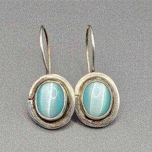 SEZGIN Sterling Silver Drop Earrings 1" Blue Cat’s Eye Signed 925 Oval 4.35g
